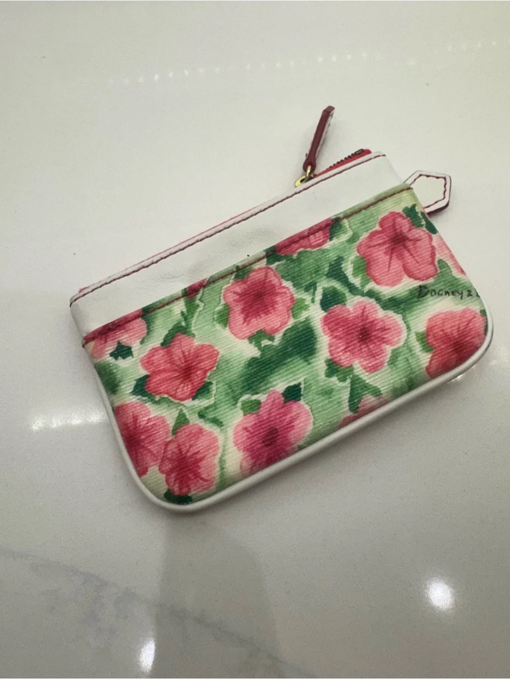 Dooney & Bourke Pink Floral Zip Card Pouch with White Trim